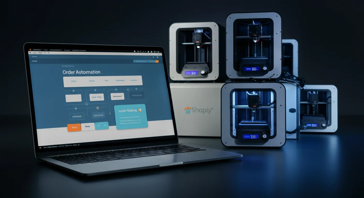 Een Shopify-winkelfront op een laptopscherm naast een 3D-printfarm dashboard dat automatisch printopdrachten aanmaakt vanuit binnenkomende bestellingen