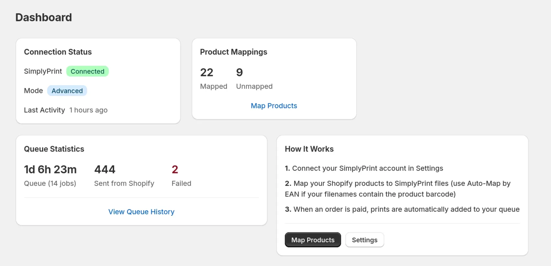 Shopify2SimplyPrint Dashboard – Shopify orders automatically as print jobs in SimplyPrint